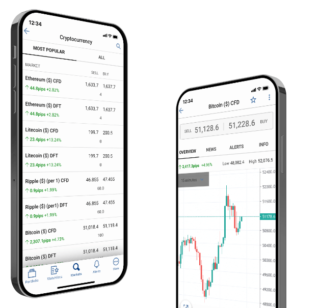 Two mobile screens showing trading tables and a trading chart