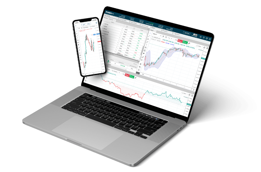 FOREX web trader app showing on a mobile and laptop screen